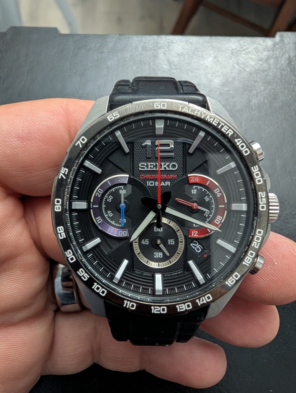 Seiko Chronograph Black Dial Watch – Tachymeter, Lume, Sport Luxury Everyday